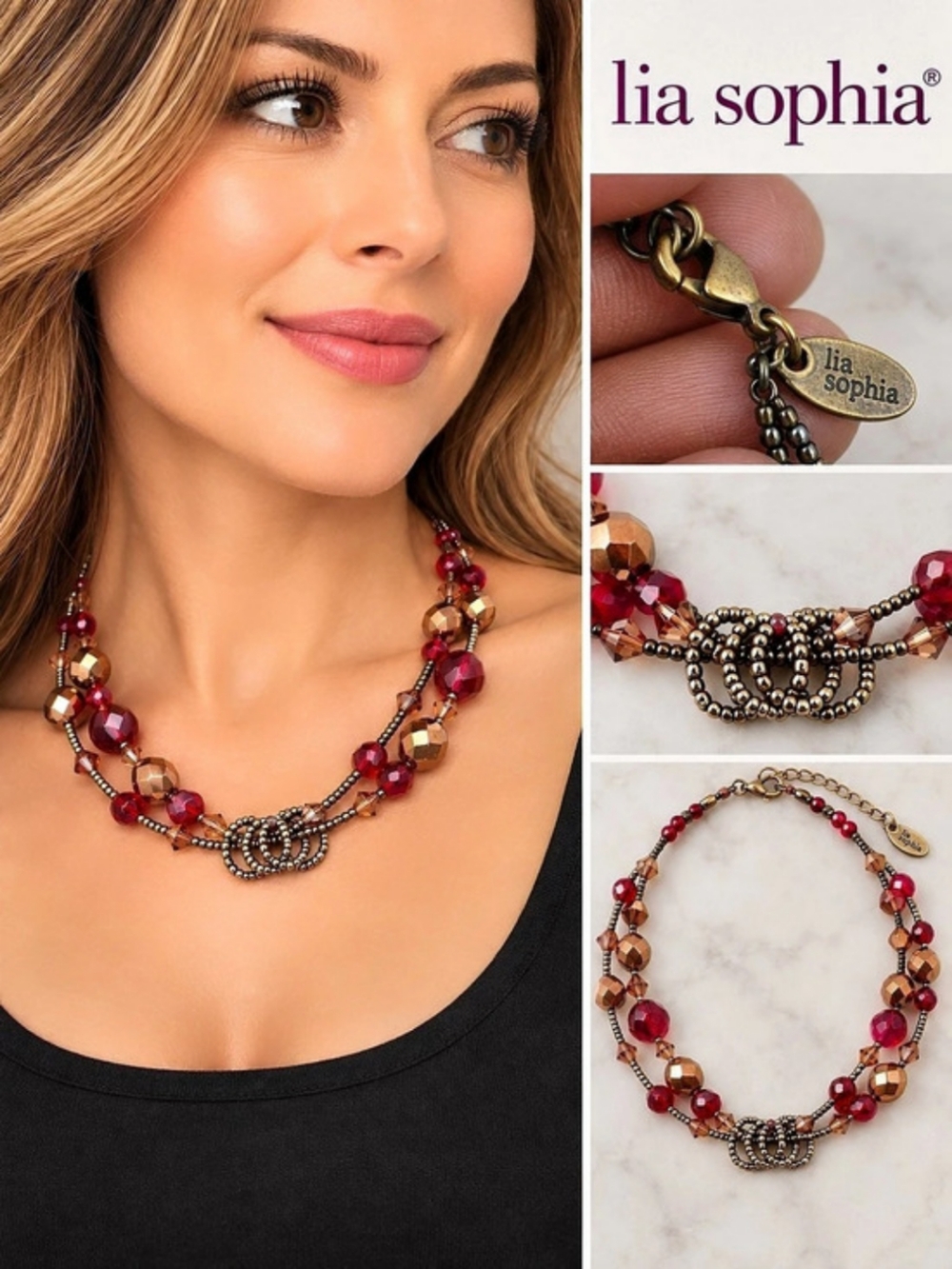 lia sophia Beaded Statement Necklace in Red & Copper Like New